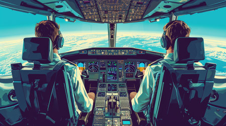 Graphic illustration of pilot and copilot in the airplane cockpit, AI generated Imageの素材