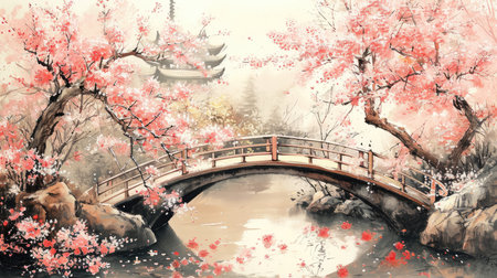 Japanese painting of a semicircular bridge in a garden full of flowers, AI generated Imageの素材