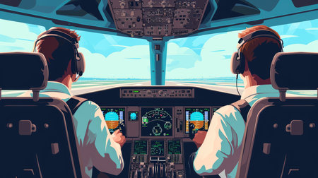Graphic illustration of pilot and copilot in the airplane cockpit, AI generated Imageの素材