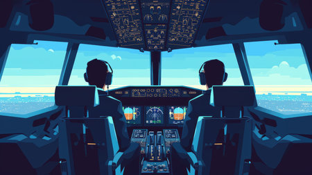 Graphic illustration of pilot and copilot in the airplane cockpit, AI generated Imageの素材