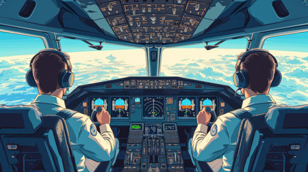 Graphic illustration of pilot and copilot in the airplane cockpit, AI generated Imageの素材