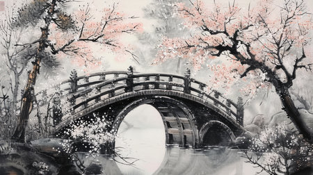 Japanese painting of a semicircular bridge in a garden full of flowers, AI generated Imageの素材