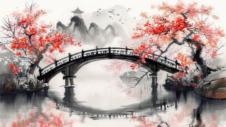 Japanese painting of a semicircular bridge in a garden full of flowers, AI generated Imageの素材