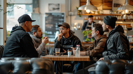 A group of men talking in a cafe, AI generated Imageの素材