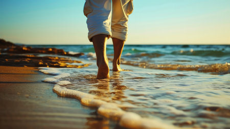 Close up photo of man walking along the beach, AI generated Imageの素材