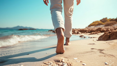 Close up photo of man walking along the beach, AI generated Imageの素材