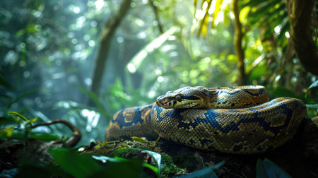 Snakes stalk their prey in the forest, AI generated Imageの素材