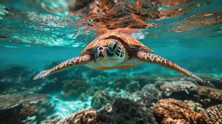 Turtle underwater, AI generated Imageの素材