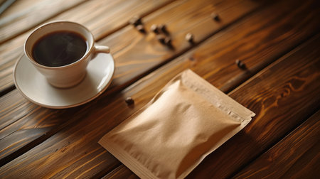 Coffee packaging and a cup of coffee on the table, AI generated Imageの素材