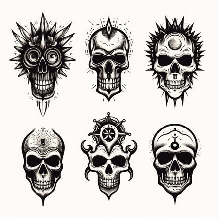 Set of skull tattoo flash, AI generated Imageの素材