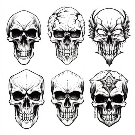 Set of skull tattoo flash, AI generated Imageの素材