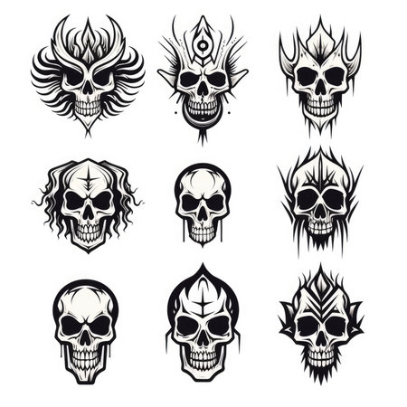 Set of skull tattoo flash, AI generated Imageの素材