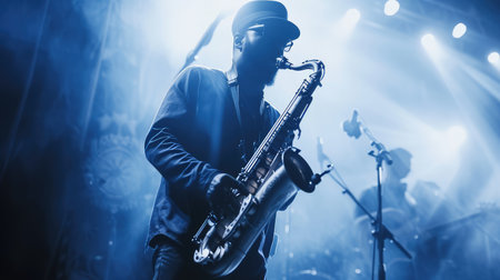 Man playing saxophone on stage, AI generated Imageの素材
