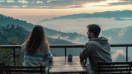 Boy and girl sitting on the balcony enjoying coffee looking at the mountain view, AI generated Imageの素材