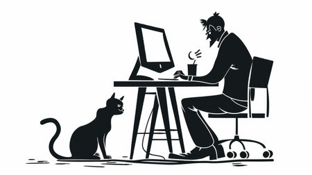 Black and white graphic illustration of a man working at a computer accompanied by a cat, AI generated Imageの素材