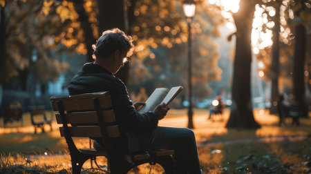 A person sits in the park reading a book, AI generated Imageの素材