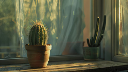 Cactus in pot next to window, AI generated Imageの素材