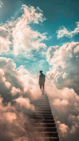 Someone climbed the stairs in the clouds, AI generated Imageの素材