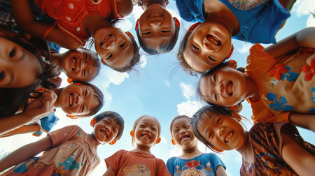 Asian children are smiling in a circle, AI generated Imageの素材