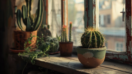 Cactus in pot next to window, AI generated Imageの素材