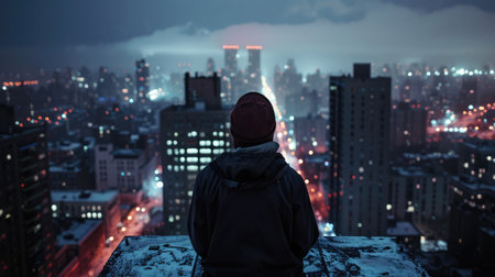 Man's back on top of building looking at city building view at night, AI generated Imageの素材