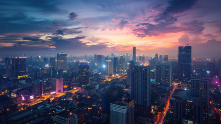View of city buildings full of lights at night, AI generated Imageの素材