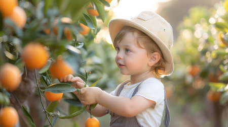Little boy picking oranges in the orange garden, AI generated Imageの素材