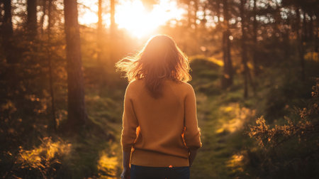 Young woman walking in the autumn forest at sunset. Back view.の素材