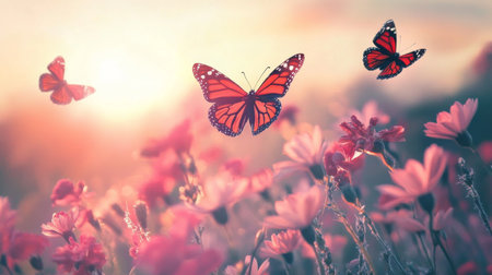 Beautiful butterfly on a flower meadow at sunset. Nature backgroundの素材