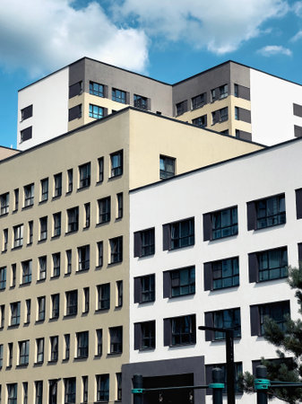 Modern apartment buildings on a sunny day with a blue sky. Facade of a modern apartment buildingの写真素材