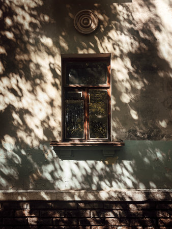 Window in an old house with a shadow of a tree on the wallの写真素材