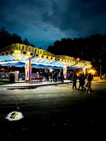 people on the fairground at nightの写真素材