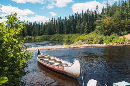 Canoe floating on a lakeの写真素材