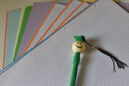 Different colors sheets with a pen in the shape of a student