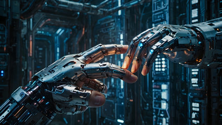 Two half-robotic, half-human hands touching fingers against a technological background.の素材
