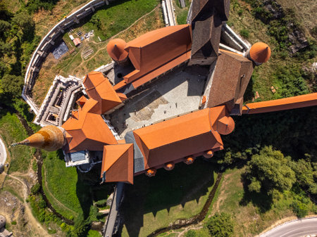 zenithal Aerial drone view of the iconic Corvin Castle, a best Medieval Fortress in Romaniaの写真素材