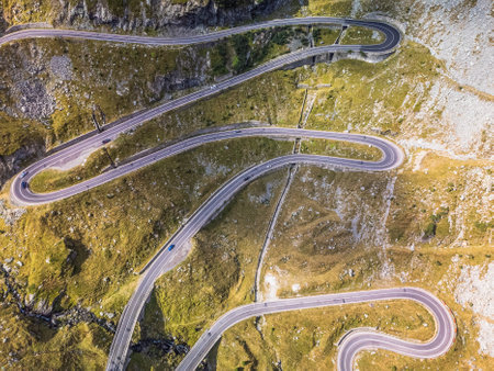 Aerial view of the spectacular curves of the Transfagarasan road in Romania in summer.の写真素材
