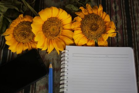 Blank spiratl notebook crop, sunflower and pen on classic fabric background. Office flat lay concept. Copy space for text and design.の写真素材
