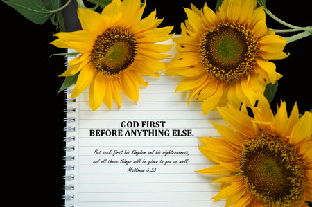 Bible verse quote - God First before anything else. Matthew 6:33 But seek first his kingdom and his righteousness, and all these things will be given to you as well. With sunflowerの写真素材