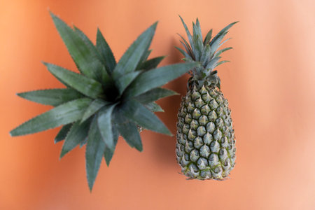 Two fresh green pineapples on orange background. Tropical summer fruit. Top View.