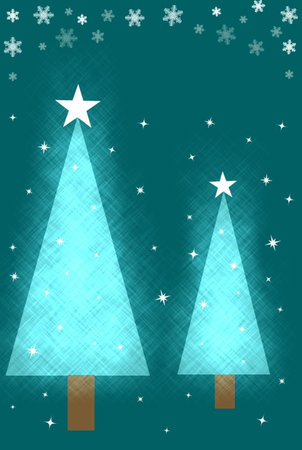 two blue glowing Christmas trees. New Year cardの写真素材