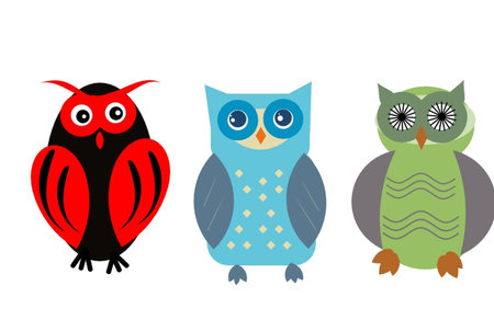 cute funny cartoon multicolored owls on white backgroundの写真素材