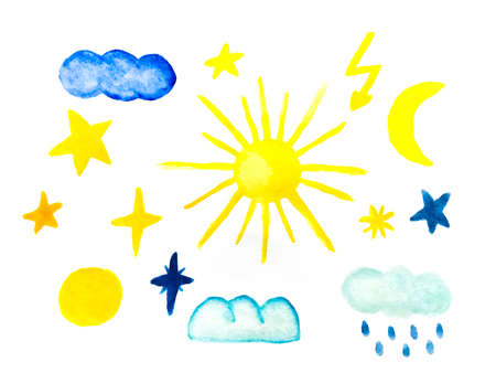 Set of watercolor hand drawn clouds, sun, moon, stars, raindrops.