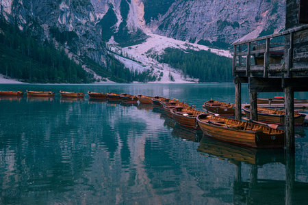 Sunrise at Lago di Braies, South Tyrol, The Dolomites, Italyの写真素材