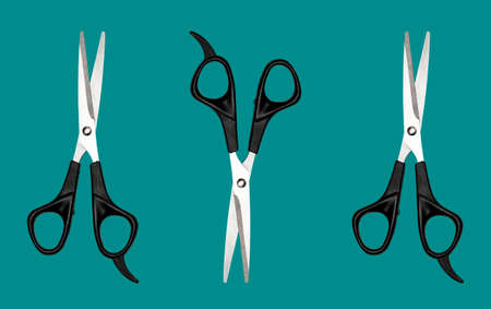 Three scissors with black handles on a colored background. Close up.