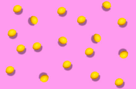 Fruit pattern of whole lemons with a shadow on a pink background. Citrus template for patterns,...