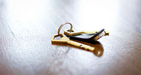 Keys to an apartment or house on a wooden table. selective focus, blurred frame.の写真素材