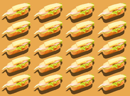 A pattern of sausage, cheese, and salad sandwiches on a light brown background. Grocery background....