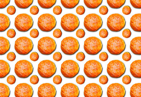 Horizontal pattern with round sesame buns on a white background. Grocery background. Patterns, prints.の写真素材