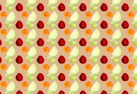 Vegetable diet pattern tk of different sliced vegetables on a beige background. Templates, prints.